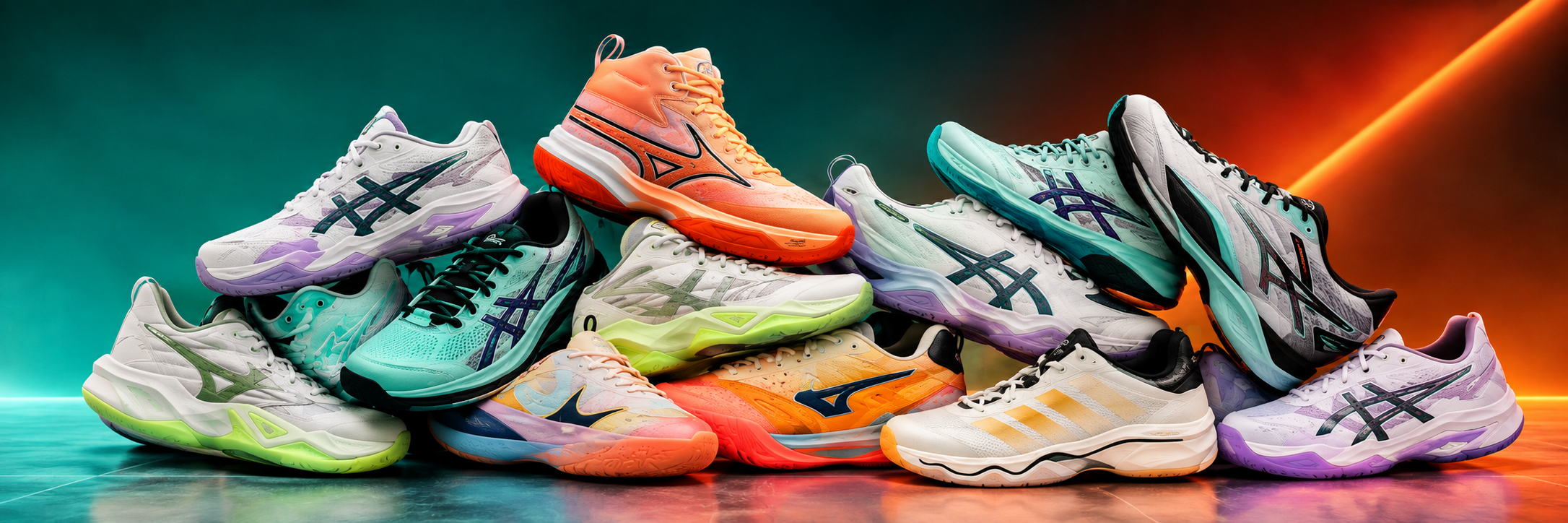 Een stapel kleurrijke volleybalschoenen van verschillende merken